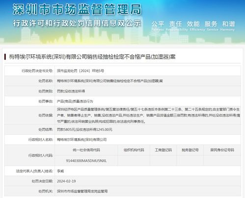 梅特埃尔环境系统 深圳 销售经抽检检定不合格产品 加湿器 案
